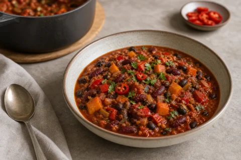 Chili sin carne serveret i skål med bønner, grøntsager og chili.