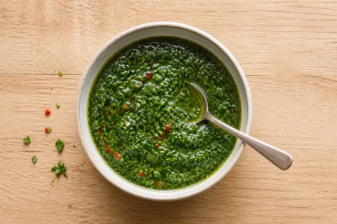 Chimichurri i skål med persille, chili, hvidløg og olivenolie.