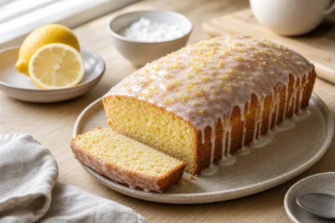 Citronkage med glasur, citronskal og skåret stykke.