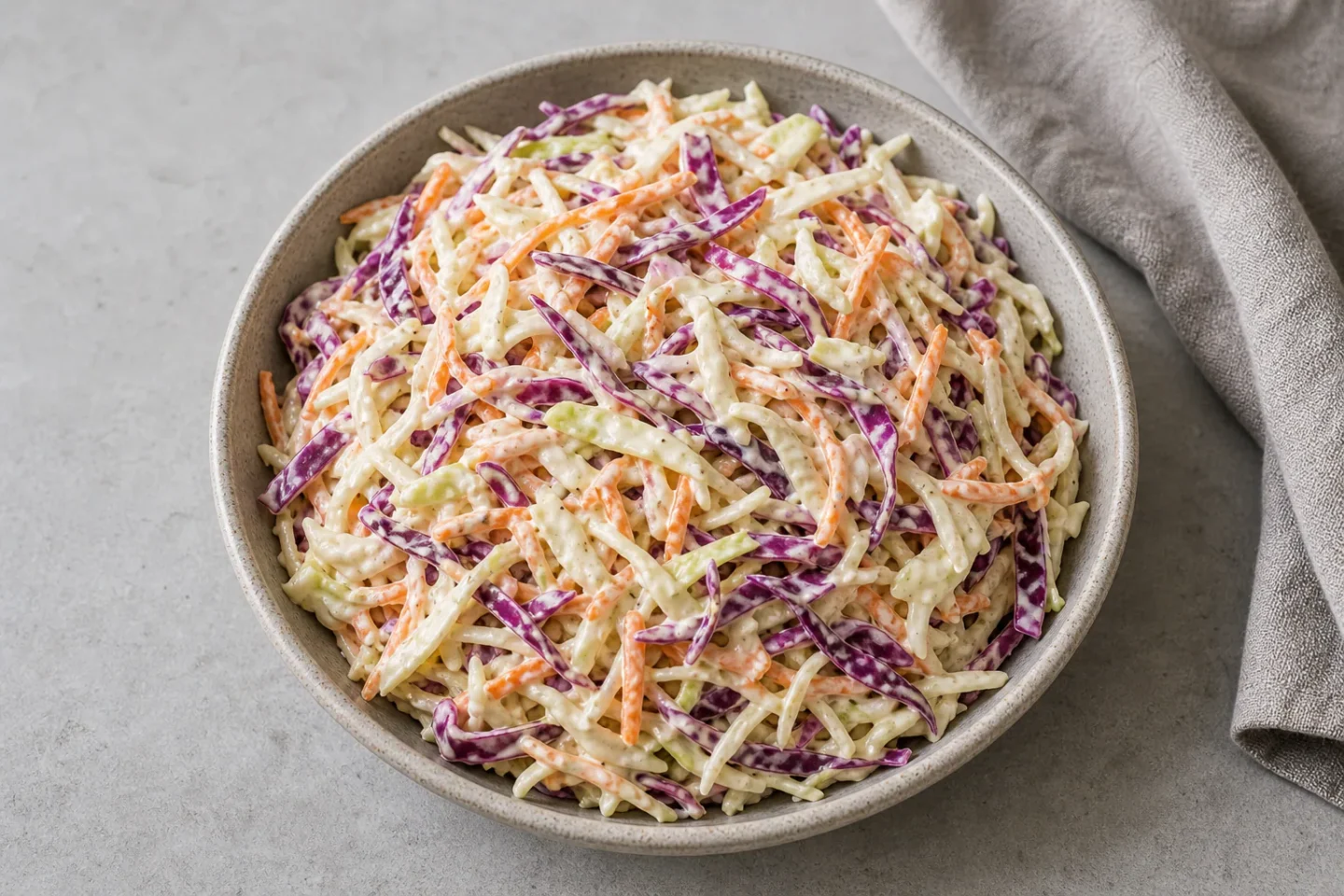 Coleslaw i skål med hvidkål, rødkål, gulerod og cremet dressing.