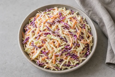 Coleslaw i skål med hvidkål, rødkål, gulerod og cremet dressing.