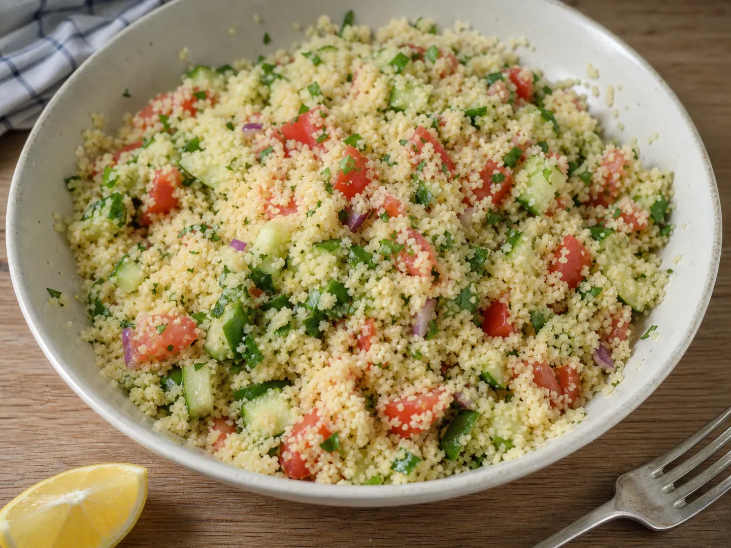 Couscoussalat med fin couscous, agurk, tomat, rødløg og persille.
