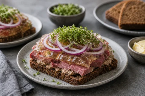 Dyrlægens natmad på rugbrød med leverpostej, saltkød, sky, rødløg og karse.