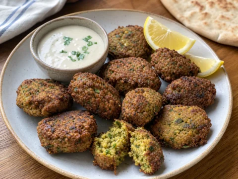 Hjemmelavede falafler med ujævn sprød overflade, grøn midte og cremet dip.