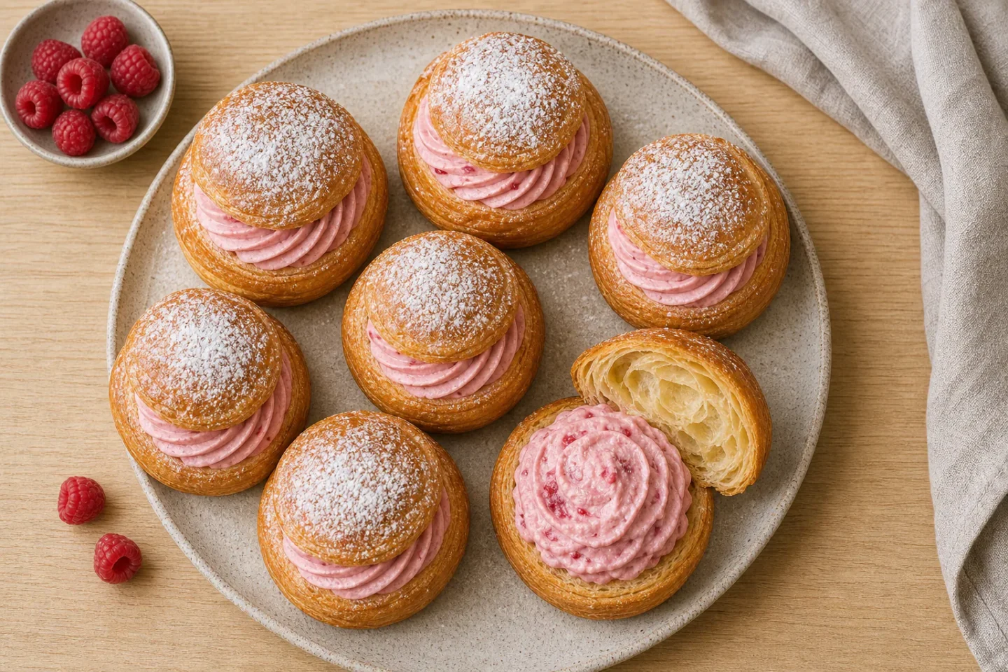 Fastelavnsboller af wienerbrødsdej med lyserødt hindbærskum og flager.