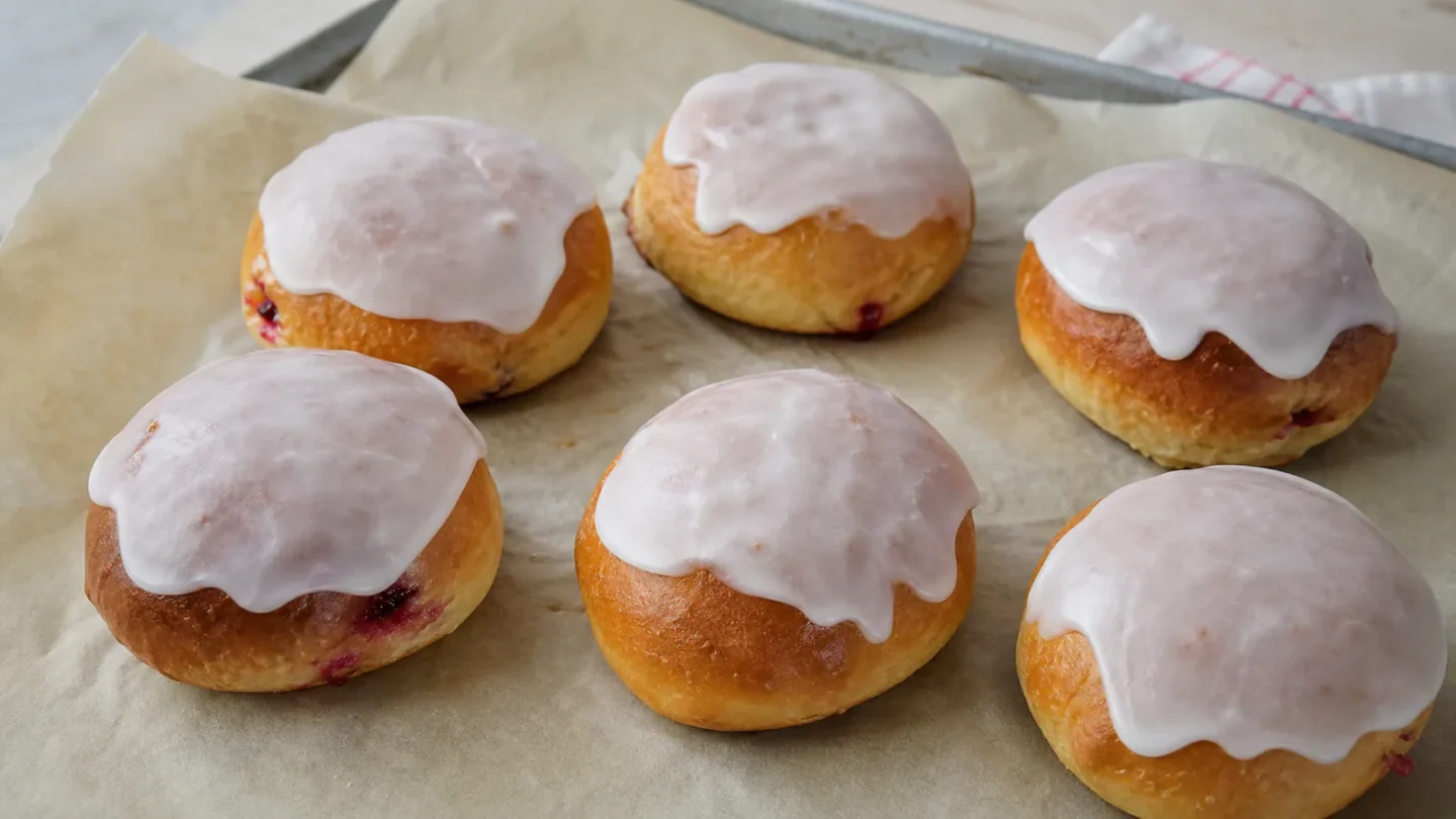 Lukkede fastelavnsboller med hindbær og creme indeni, lyserød glasur og små hindbærspor ved samlingen.