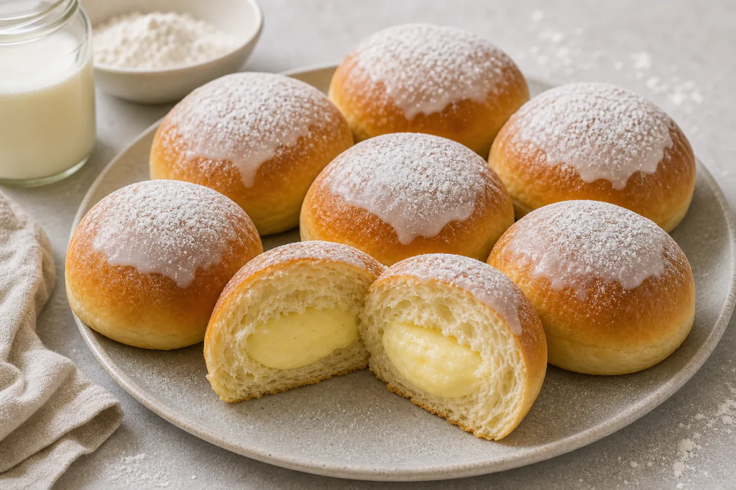 Fastelavnsboller med tangzhong, lys glasur og blød cremefyldt krumme.