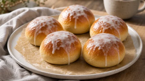 Hele lukkede fastelavnsboller af gærdej med lys glasur på en tallerken.