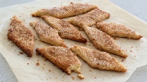 Hjemmebagte fedtebrød skåret i ujævne skrå stykker med kokos, kanelsukker og sprøde kanter.