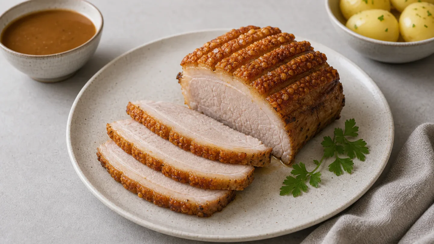 Flæskesteg i airfryer serveret i skiver med sprøde svær, kartofler og rødkål.