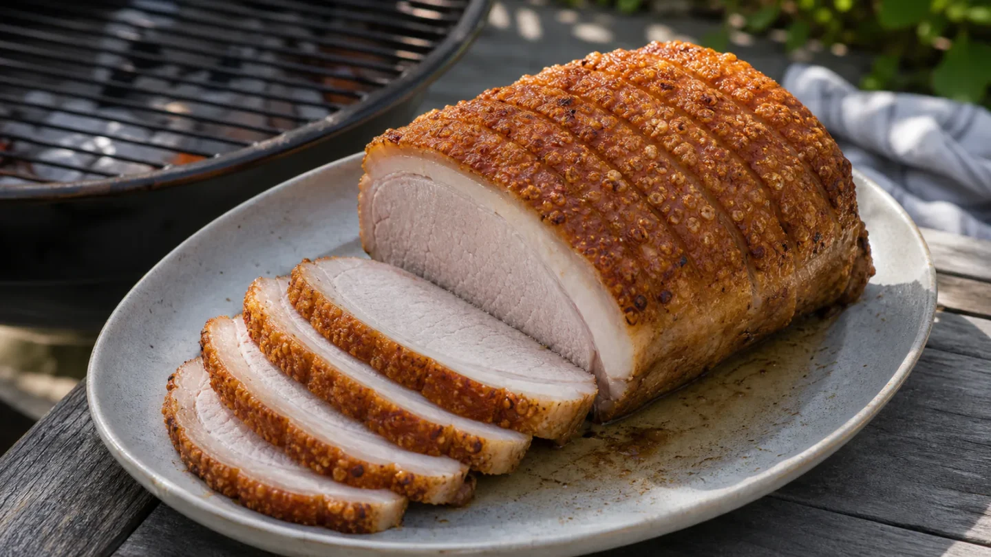 Flæskesteg på grill i bradepande med sprøde svær og udskårne skiver.