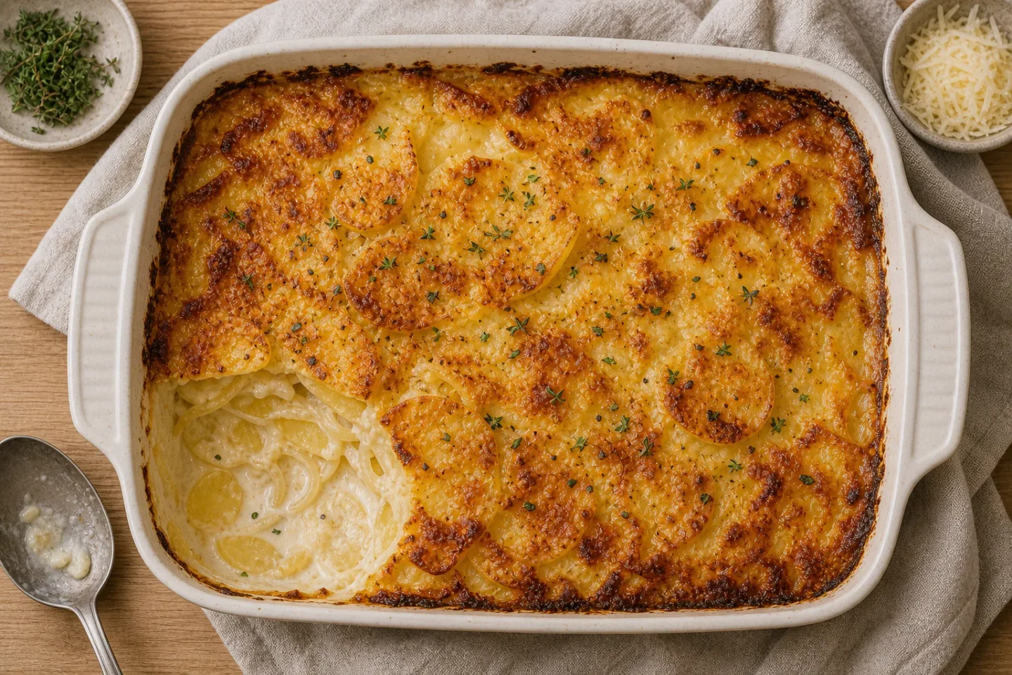 Flødekartofler i fad med gylden top og cremede kartoffellag.