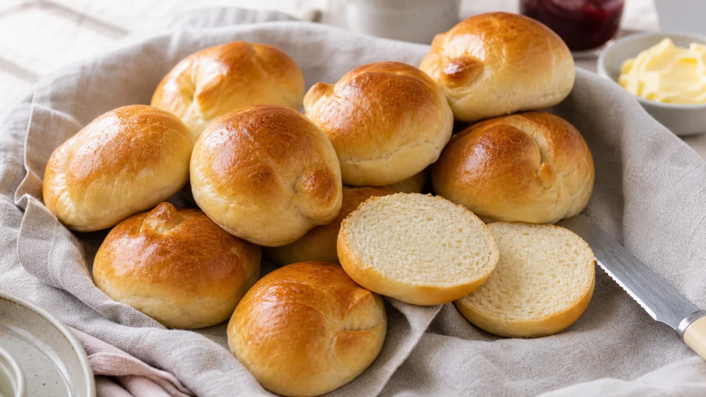 Fødselsdagsboller med gylden overflade og en åben bolle med luftig krumme.