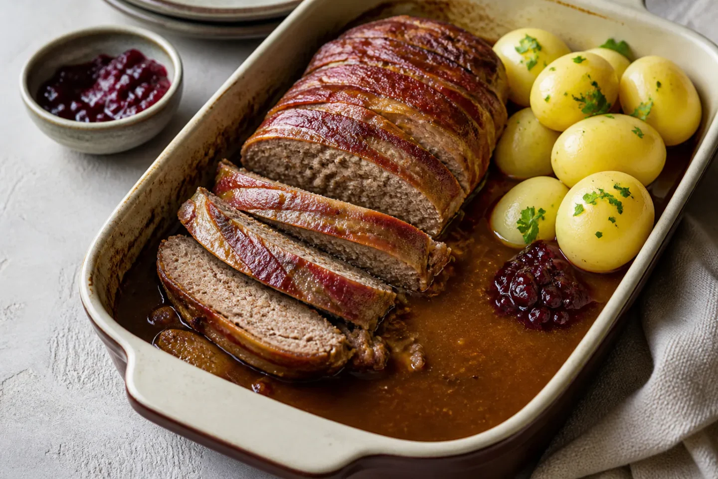 Forloren hare skåret i skiver med bacon, brun sauce, kartofler og tyttebær.
