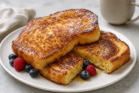 French toast med gylden stegeskorpe, bær og en skåret skive med blød midte.