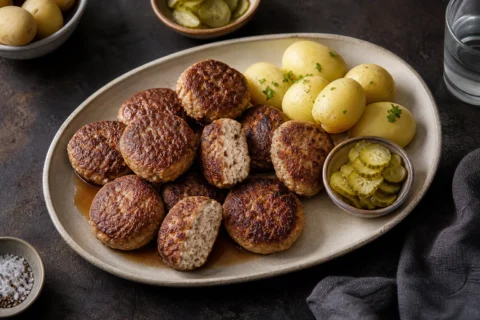 Frikadeller på fad med kogte kartofler, syltede agurker og en overskåret frikadelle.