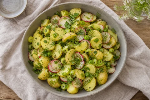 Frisk kartoffelsalat med små kartofler, radiser, forårsløg, dild og persille.