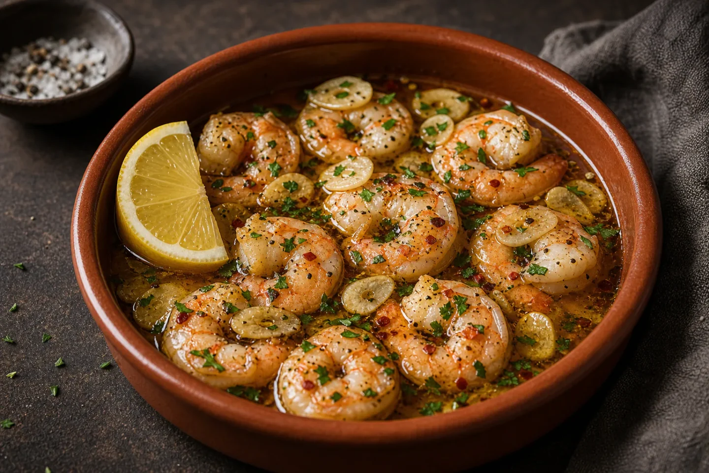 Gambas al ajillo med rejer i hvidløgsolie, chili, persille og citron.