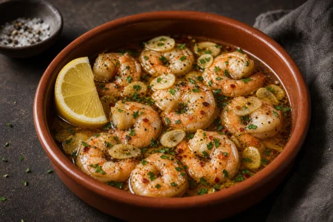 Gambas al ajillo med rejer i hvidløgsolie, chili, persille og citron.