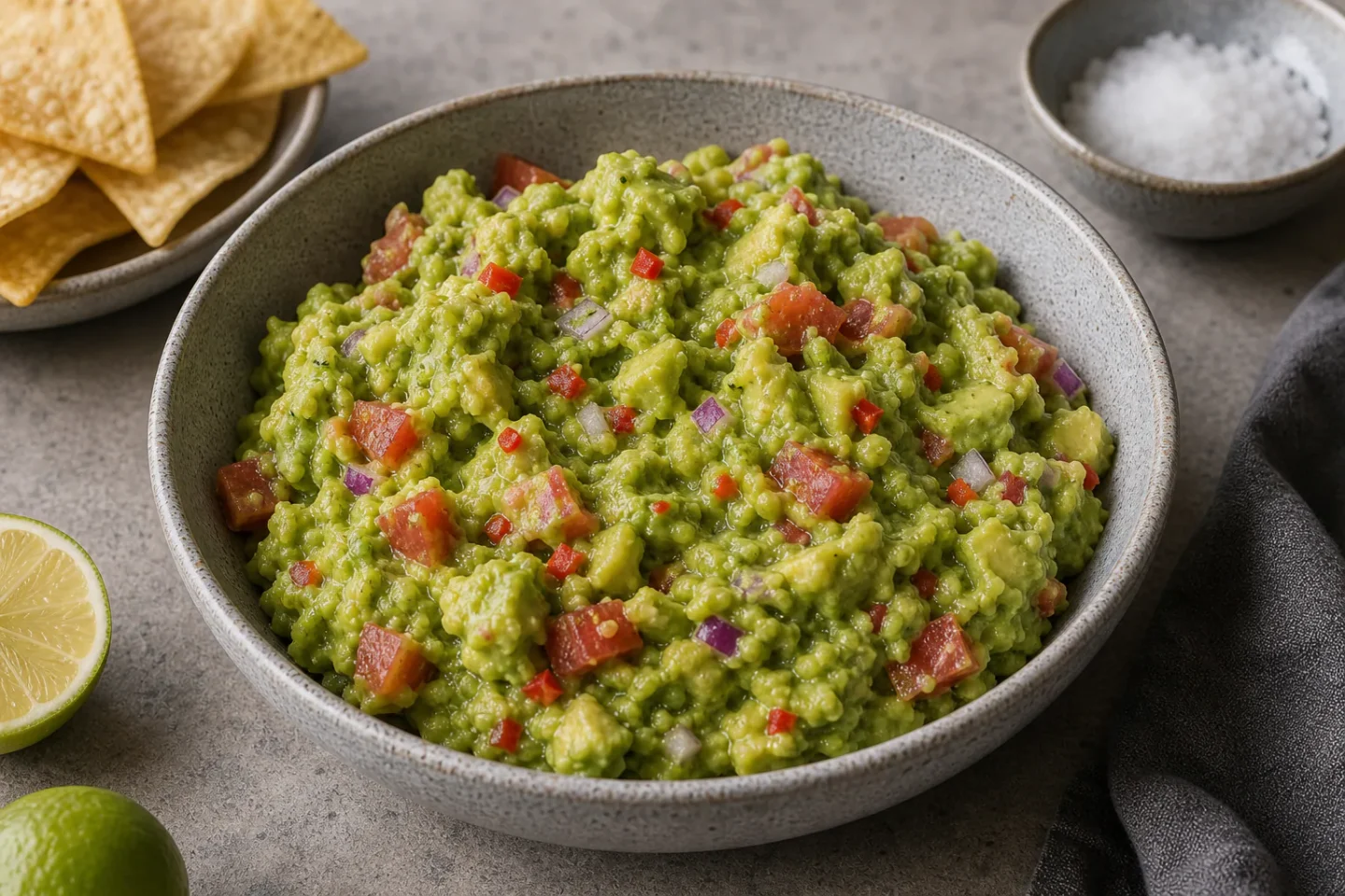 Guacamole i skål med avocado, tomat, løg, chili og lime ved siden af.