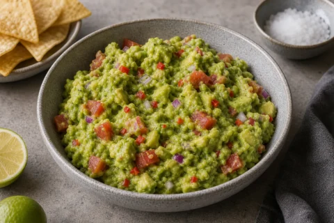 Guacamole i skål med avocado, tomat, løg, chili og lime ved siden af.