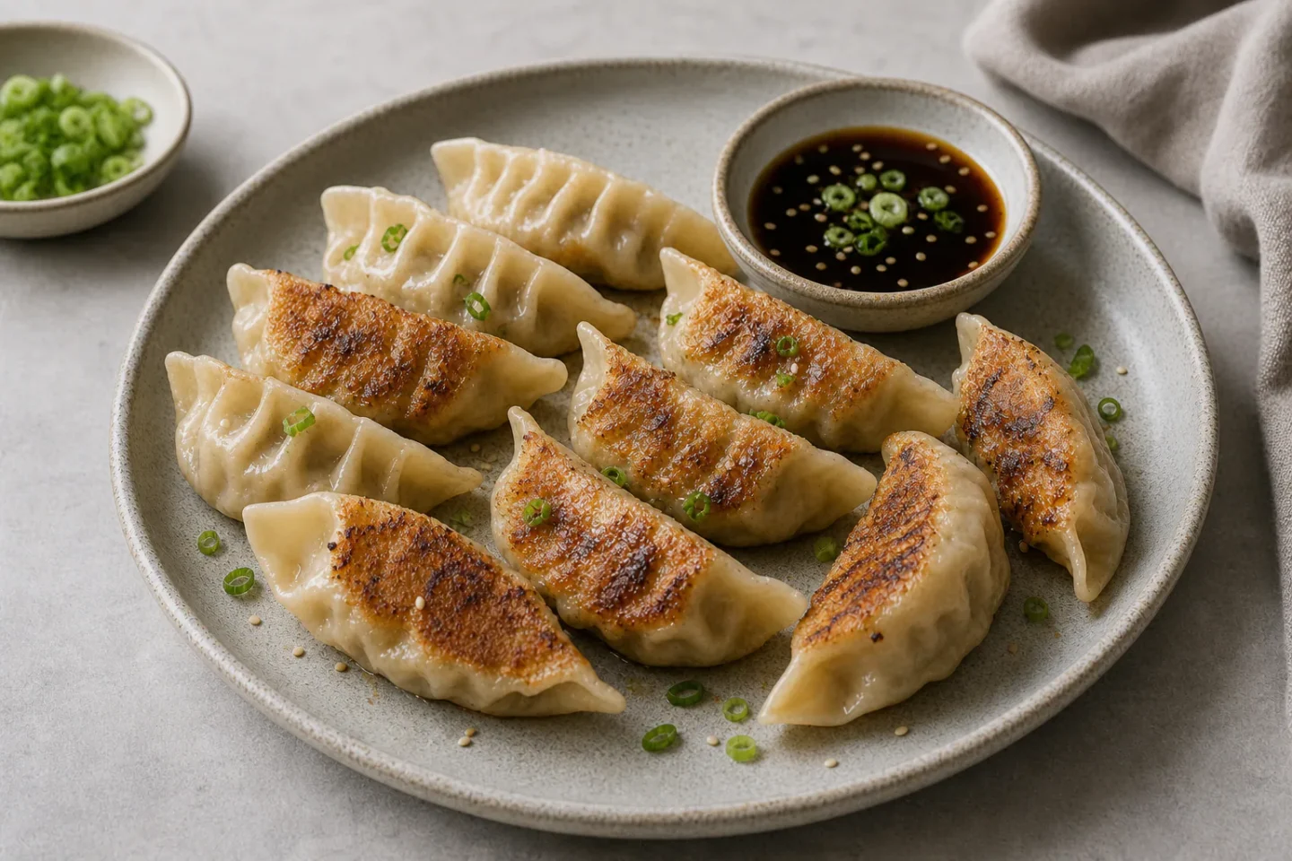 Gyoza med gylden stegeskorpe, foldede kanter og soja-dip i en lille skål.