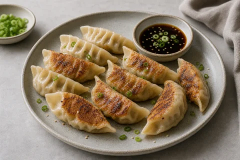 Gyoza med gylden stegeskorpe, foldede kanter og soja-dip i en lille skål.