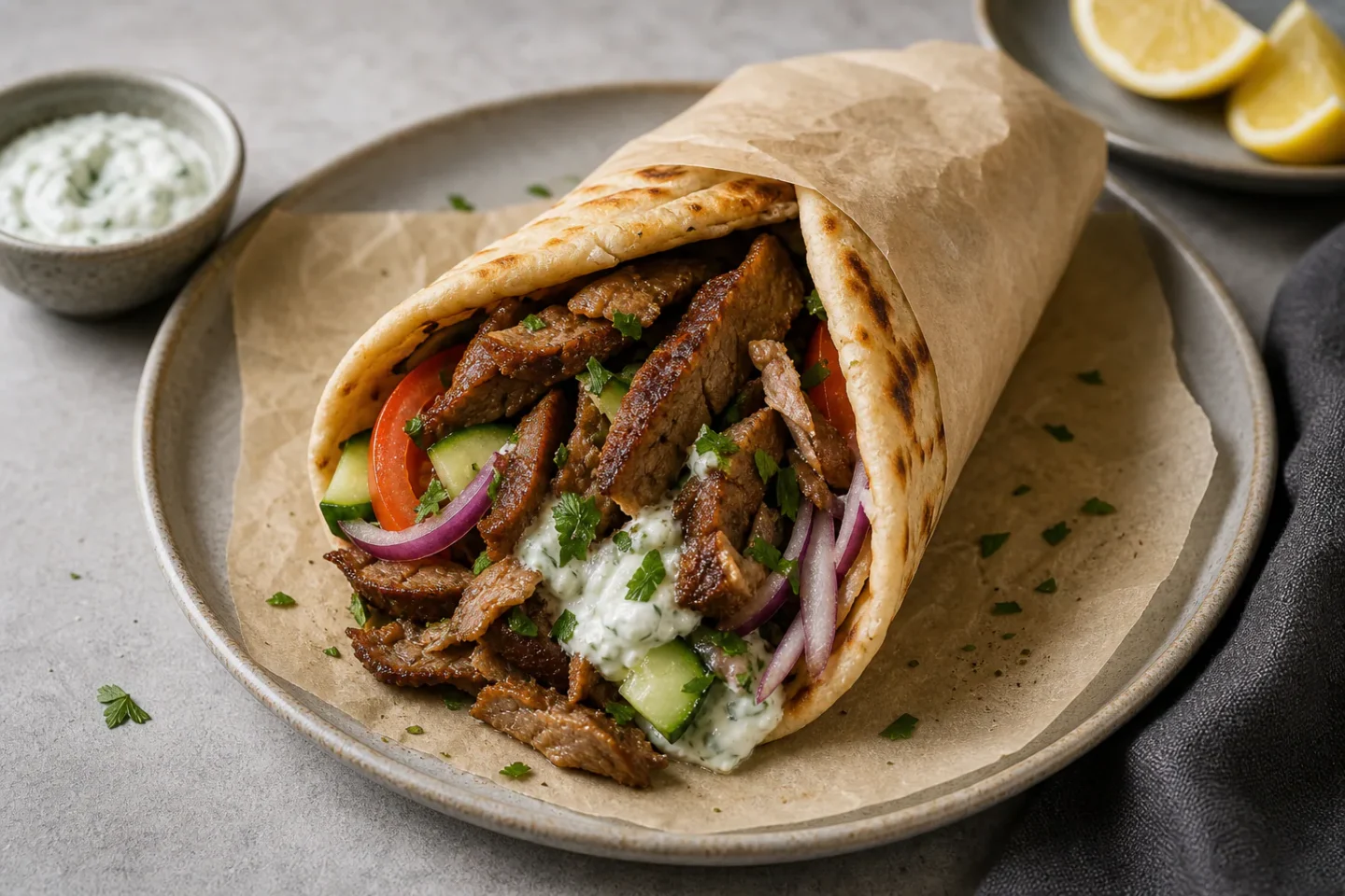 Gyros i fladbrød med krydret kød, tzatziki, tomat, agurk og rødløg.