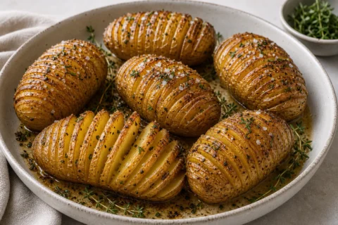 Hasselback kartofler med tynde snit, gyldne kanter, urter og smør.