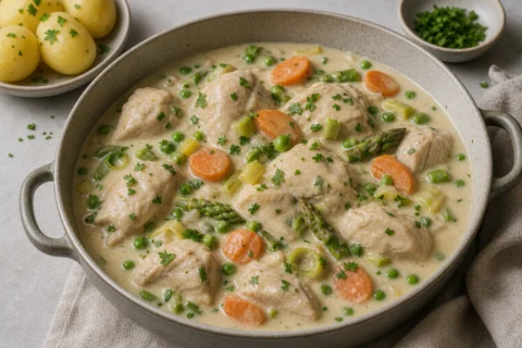 Hønsefrikassé med kylling, grøntsager, kogte kartofler og lys cremet sauce.