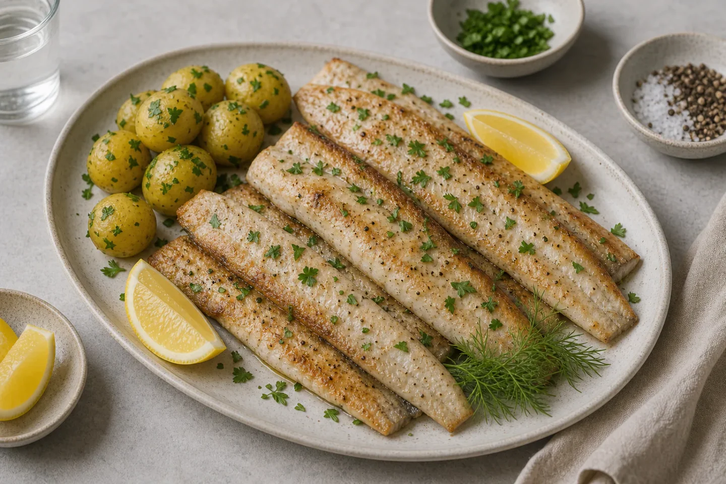 Stegt hornfisk med gylden overflade, kogte kartofler, citron og urter.