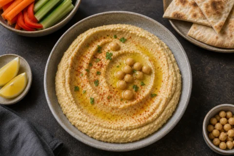 Hummus i skål med olivenolie, kikærter, krydderi og brød ved siden af.