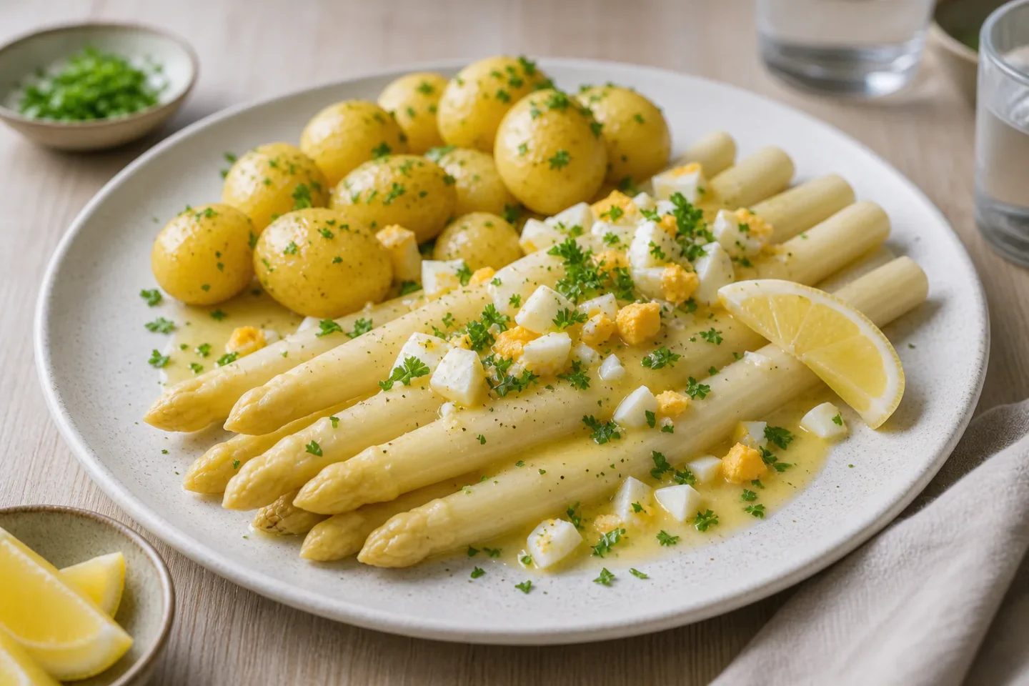 Hvide asparges med nye kartofler, hakket æg, persille, citron og smørsauce.