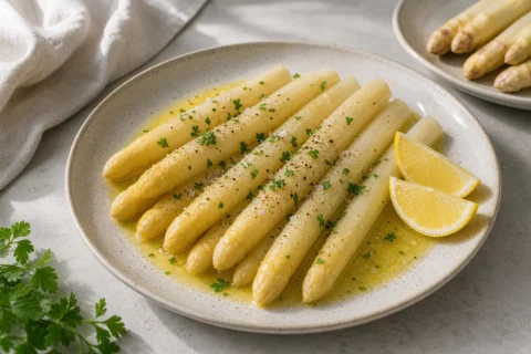 Hvide asparges som tilbehør med smør, citron, persille, salt og sort peber.
