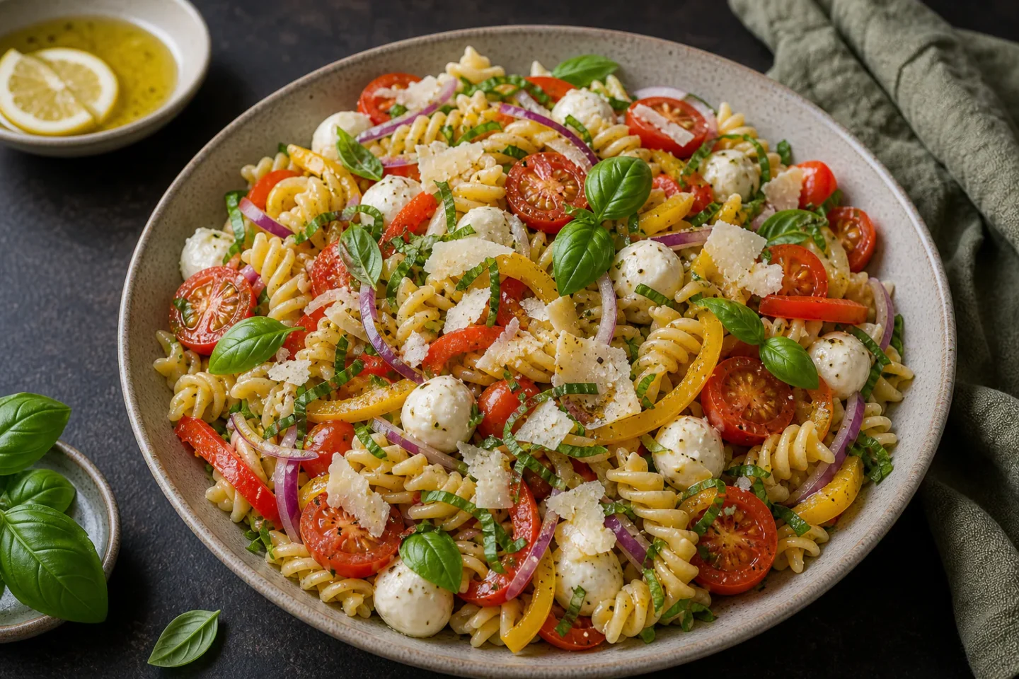 Italiensk pastasalat med pasta, tomater, mozzarella, peberfrugt, rødløg og basilikum.