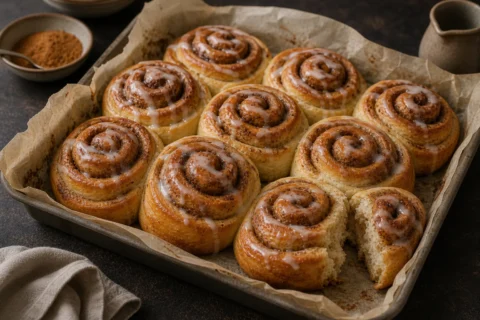 Kanelsnegle i bageform med gyldne spiraler, kanelremonce, glasur og en brækket snegl foran.