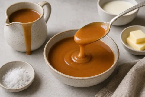 Karamelsovs i skål med ske, lille kande, fløde, smør og flagesalt ved siden af.