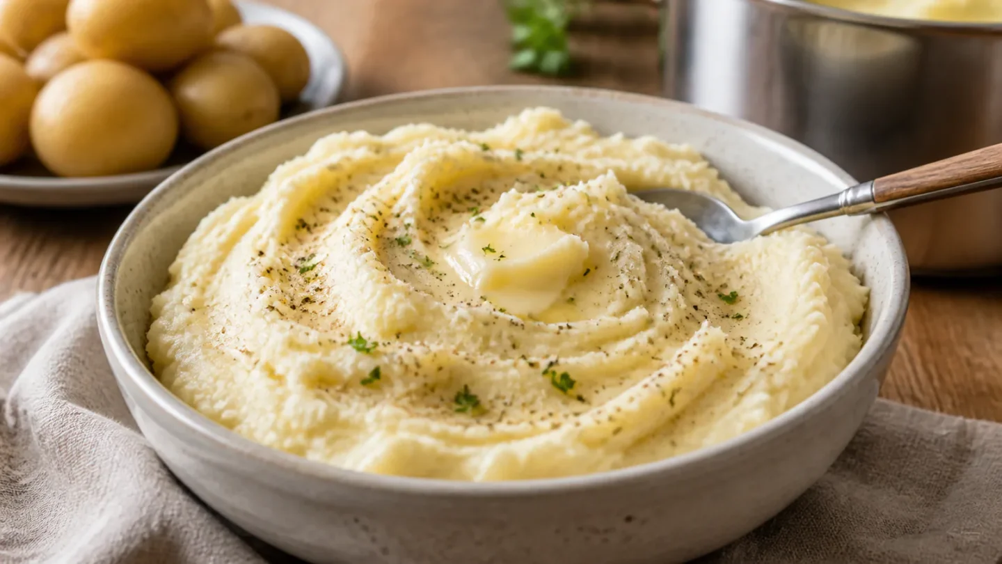 Cremet kartoffelmos i skål med bløde toppe, lidt peber og en lille smørklat.