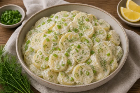 Klassisk kartoffelsalat med kogte kartoffelskiver, dild, forårsløg og cremet dressing.