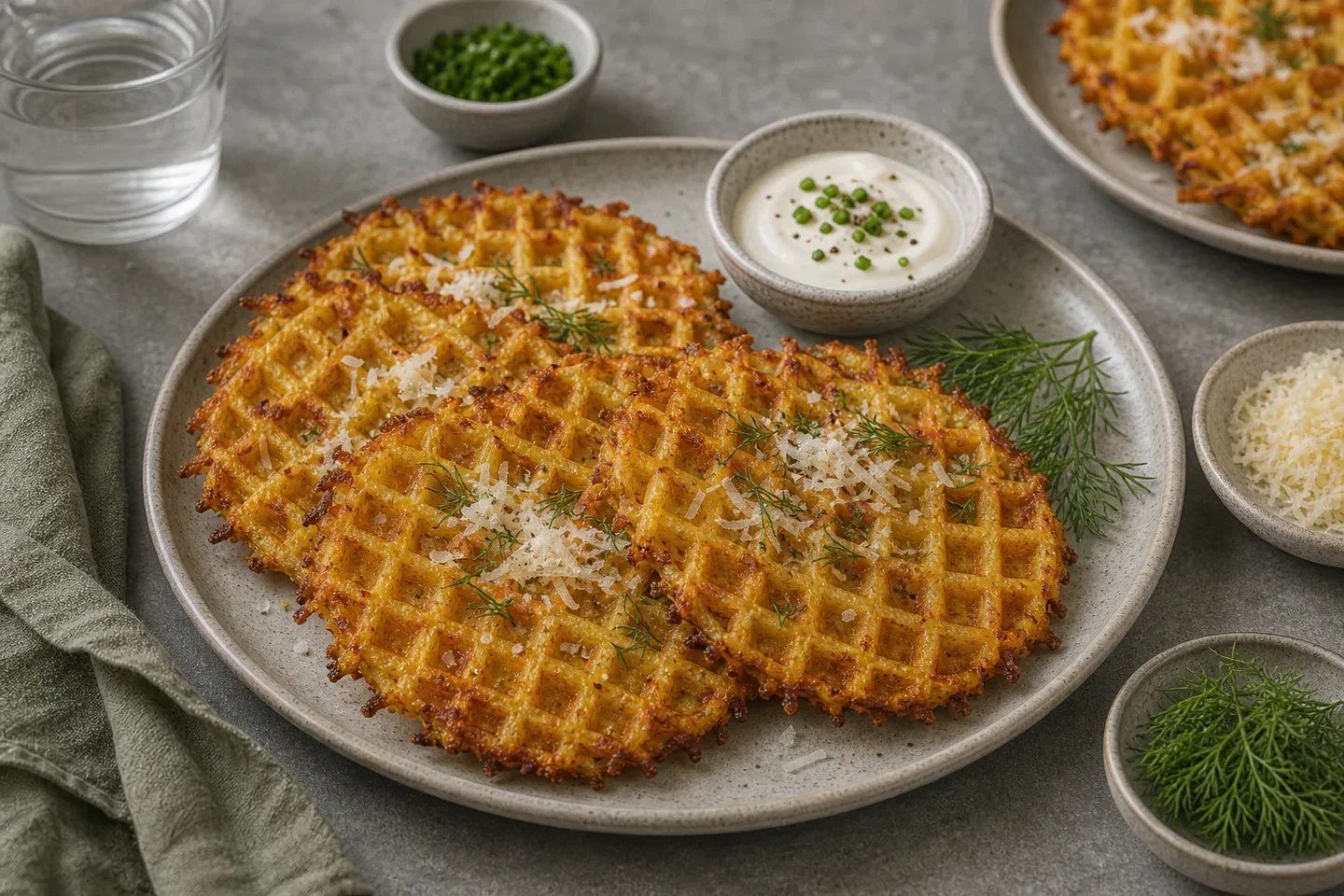 Kartoffelvafler på tallerken med sprøde gyldne kanter, parmesan, dild og en lille skål creme fraiche.