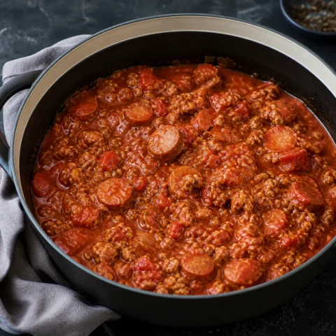 Kødsovs med tomat og pølser i gryde med rød sauce, hakket kød og pølsestykker.