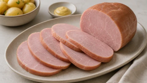 Kogt hamburgerryg skåret i centimetertykke skiver på fad med kartofler og sennep.