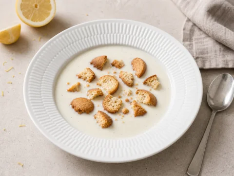 Koldskål uden æg i skål med lys cremet base, kammerjunkere, citron og vanilje ved siden af.
