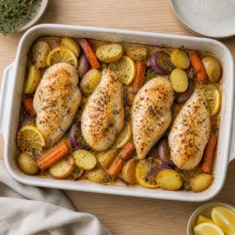 Kyllingebryst i ovn med citron, kartofler, gulerødder og urter i et ovnfast fad.