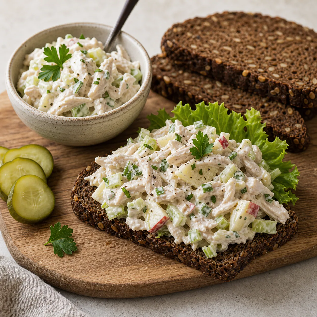 Kyllingesalat med cremet dressing, kyllingestykker, æble, selleri og rugbrød ved siden af.