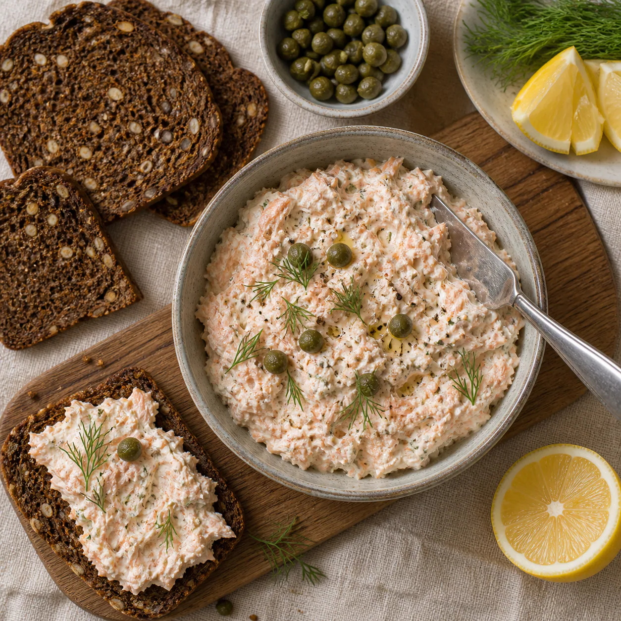 Lakserilette i skål med cremet laksefyld, dild, citron, kapers og rugbrød ved siden af.