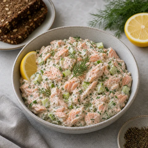 Laksesalat med dild i cremet dressing med synlige laksestykker og frokostbrød ved siden af.