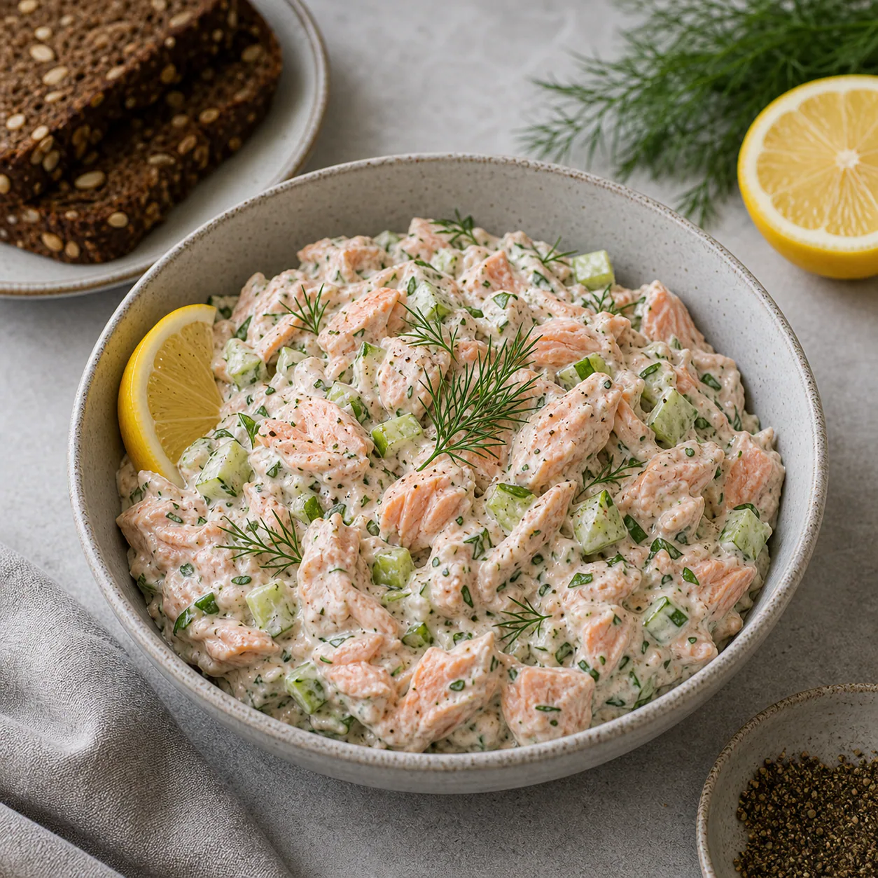 Laksesalat med dild i cremet dressing med synlige laksestykker og frokostbrød ved siden af.