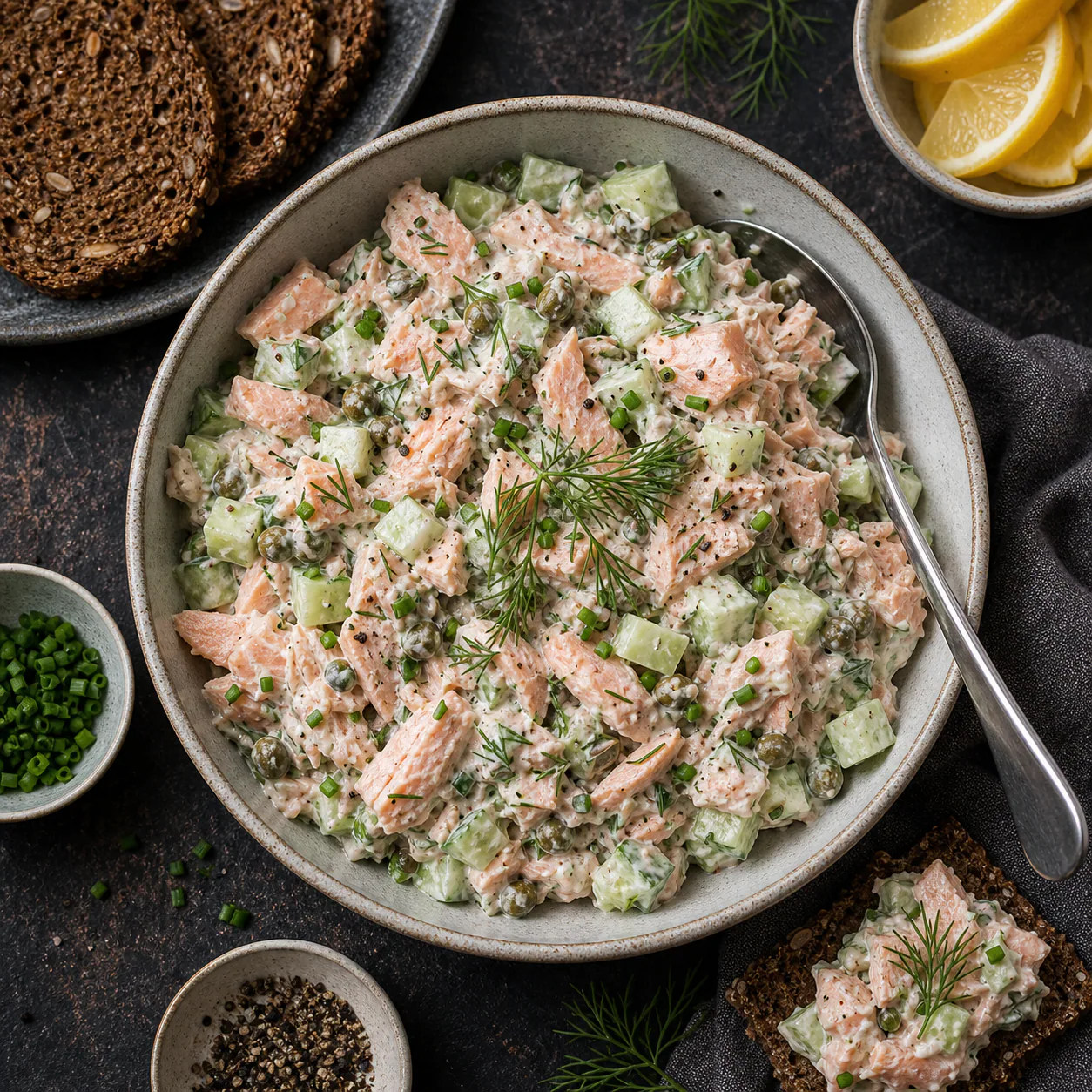 Laksesalat med cremet dressing, laksestykker, agurk, urter og rugbrød ved siden af.