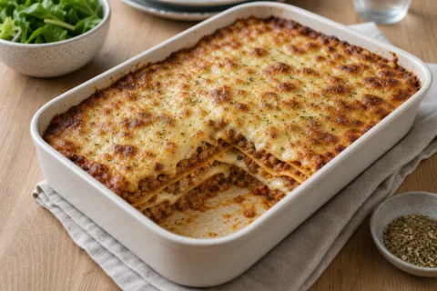 Lasagne med hakket grisekød i ovnfast fad med brunet ost, tomatsauce og synlige pastalag.